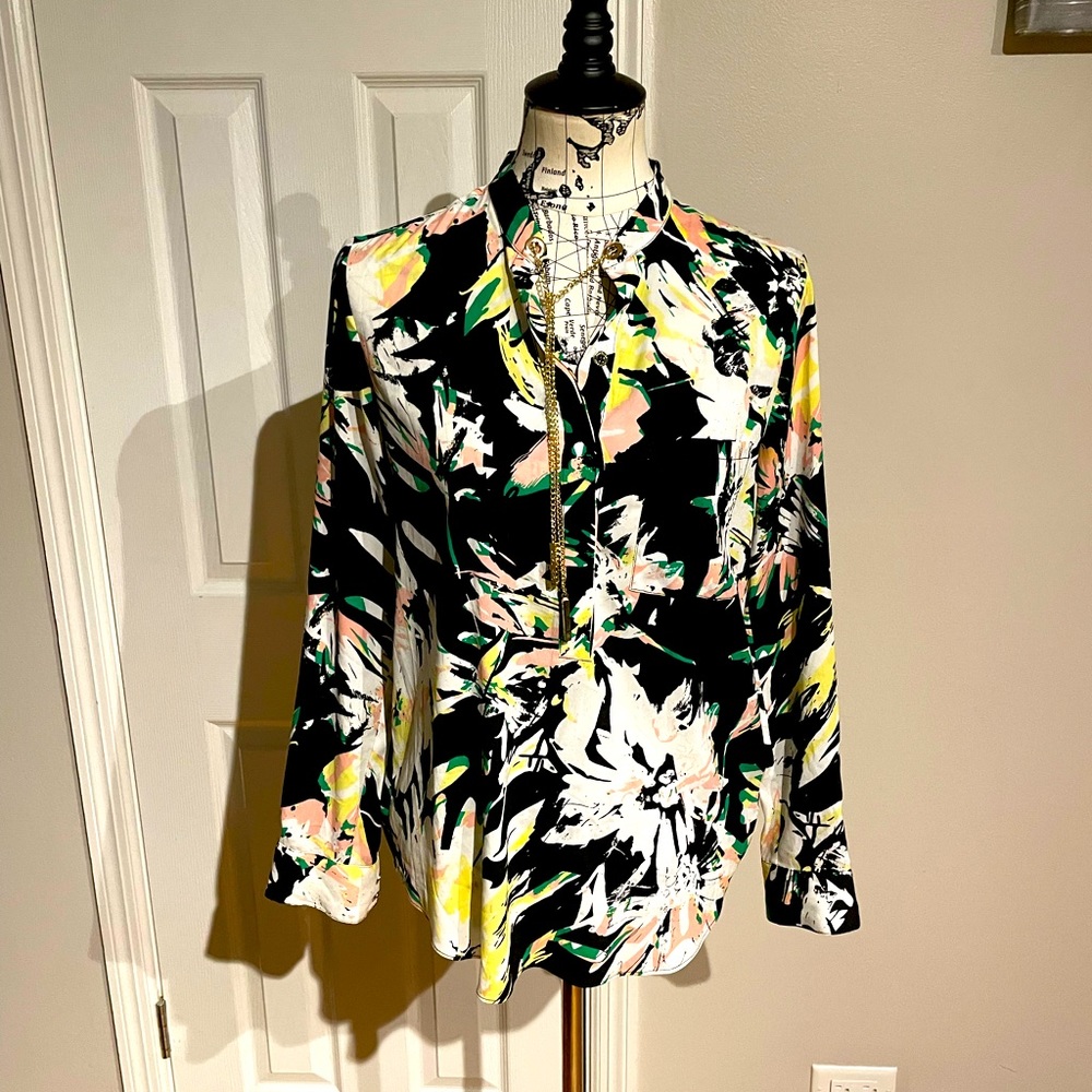 Marciano Chain neck trim button down shirt floral print sz XS blouse multicolor🎯